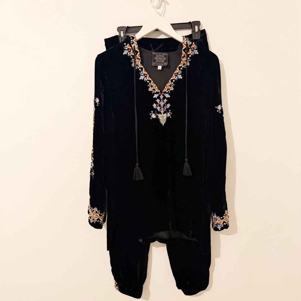 SET Johnny Was Remedios Silk-blend Top & Pants Black Velvet Embroidered Medium *